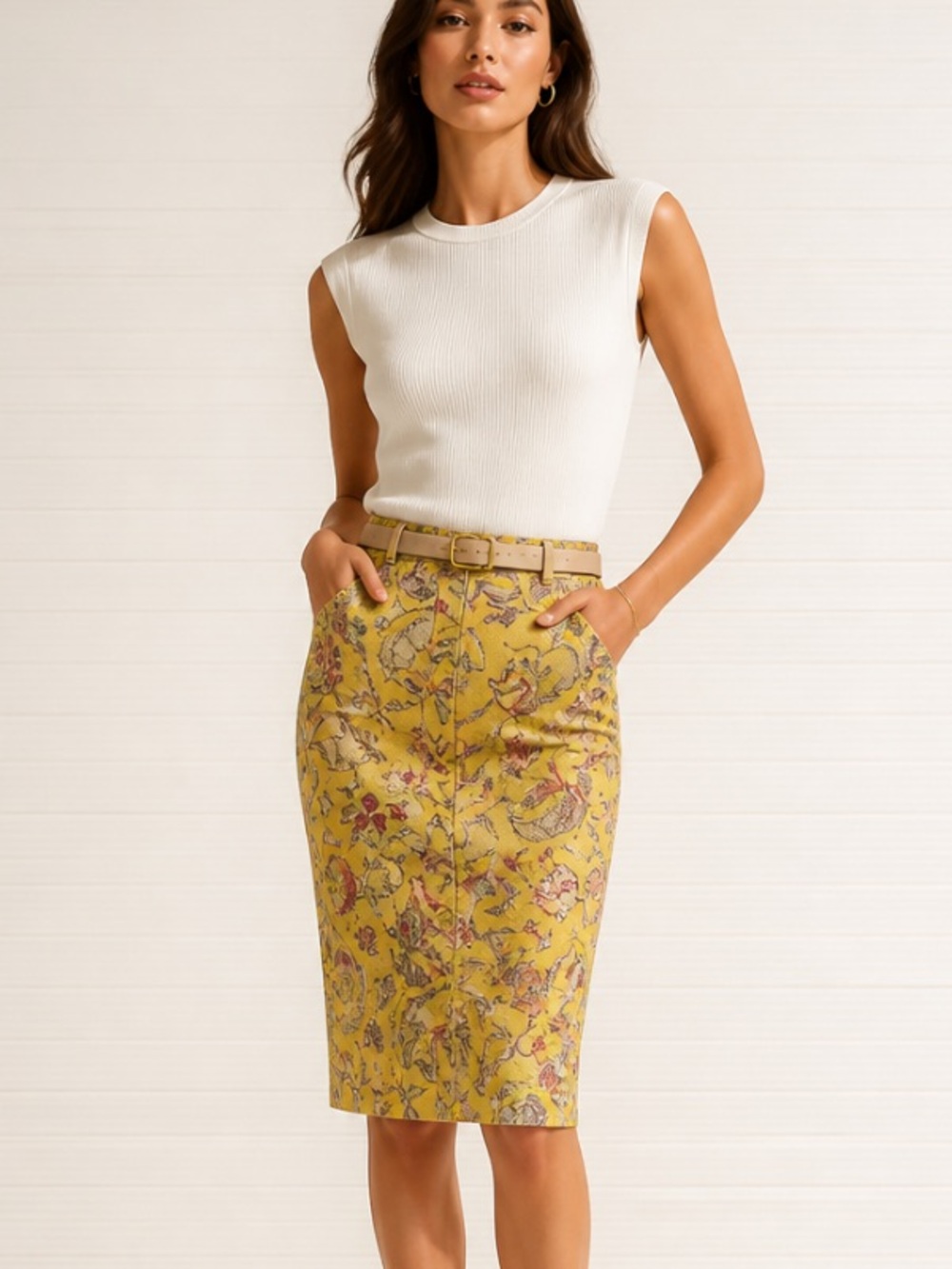 TIBI Stretch Pencil Floral Botanical Paisley Garden Career Yellow Skirt Size 2